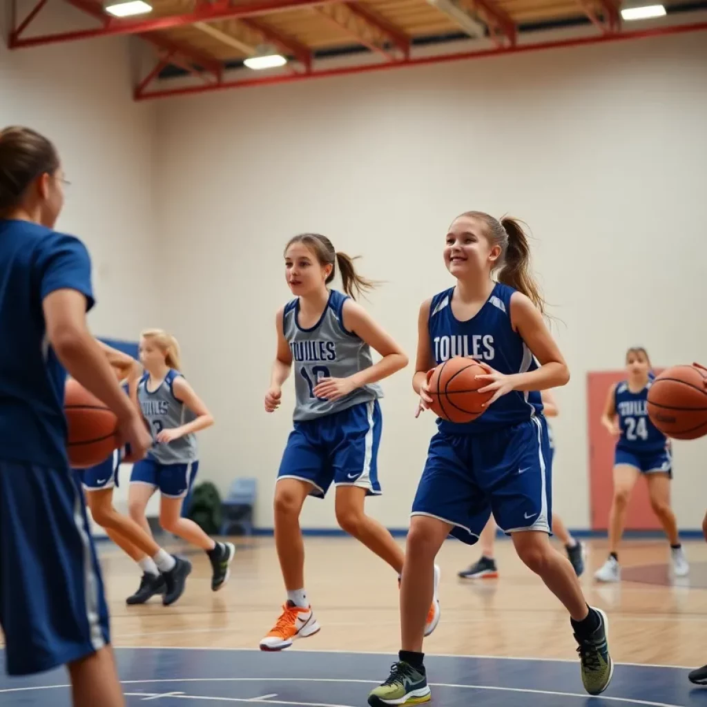 Girls basketball team practicing on the court