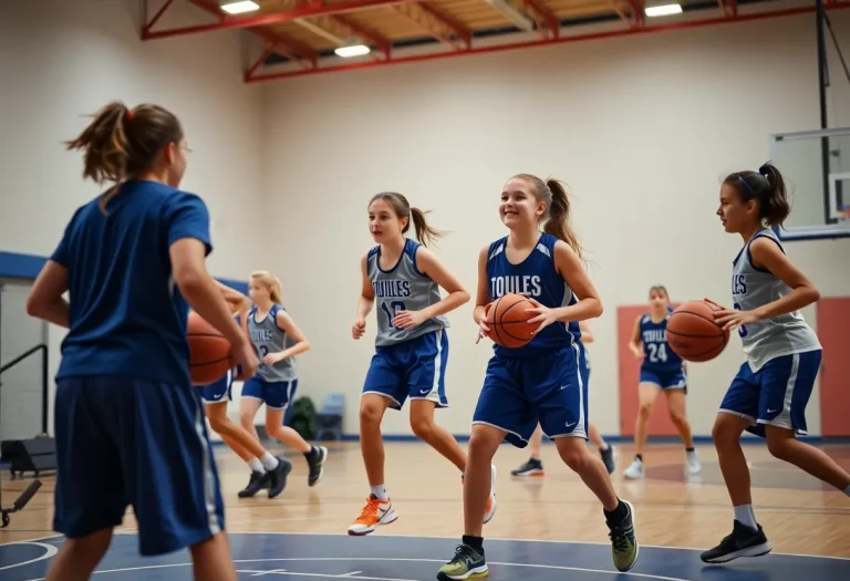 Girls basketball team practicing on the court