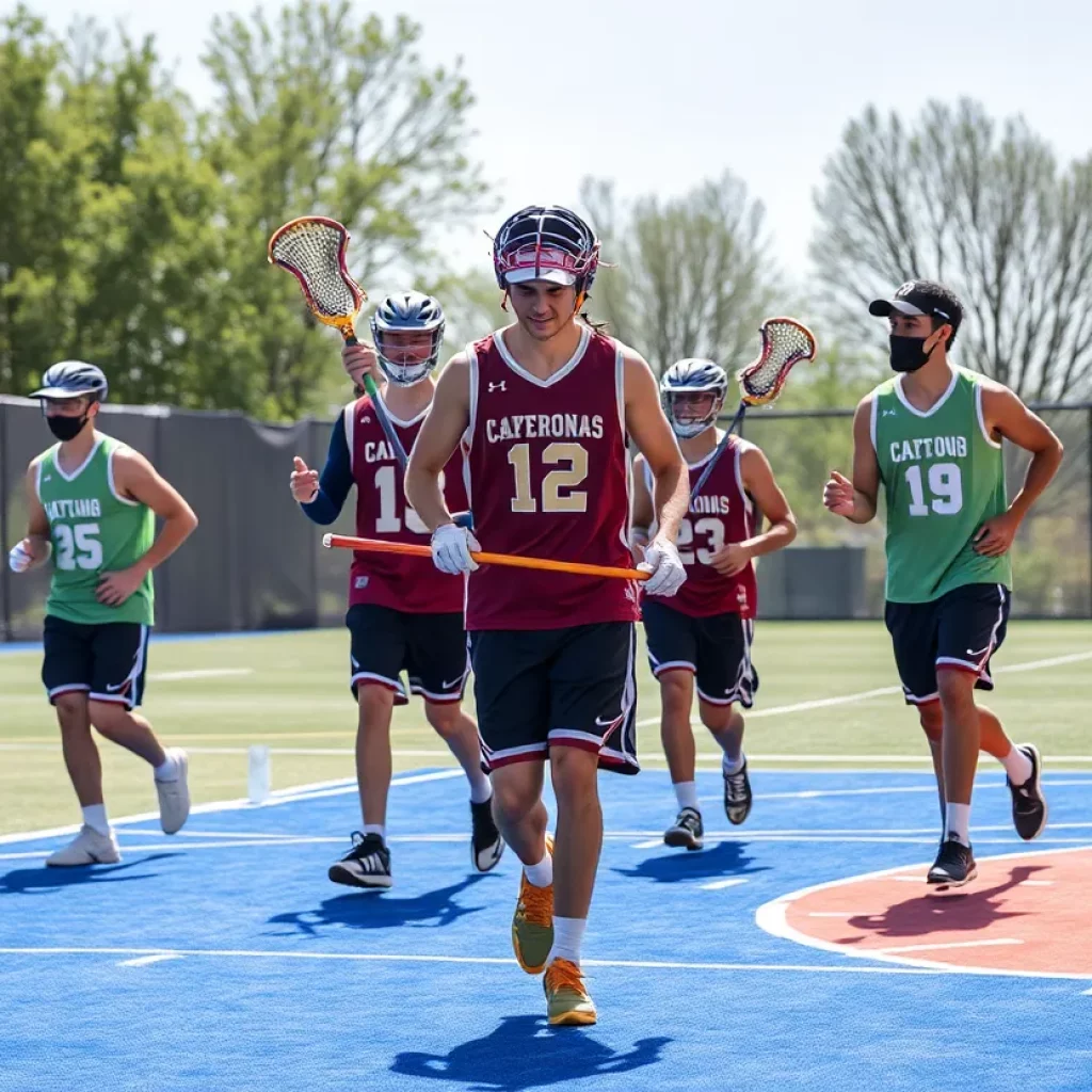 Athletes training in lacrosse and basketball gear, demonstrating the fusion of two sports.