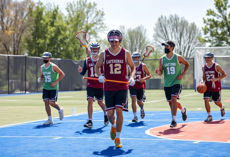 Athletes training in lacrosse and basketball gear, demonstrating the fusion of two sports.
