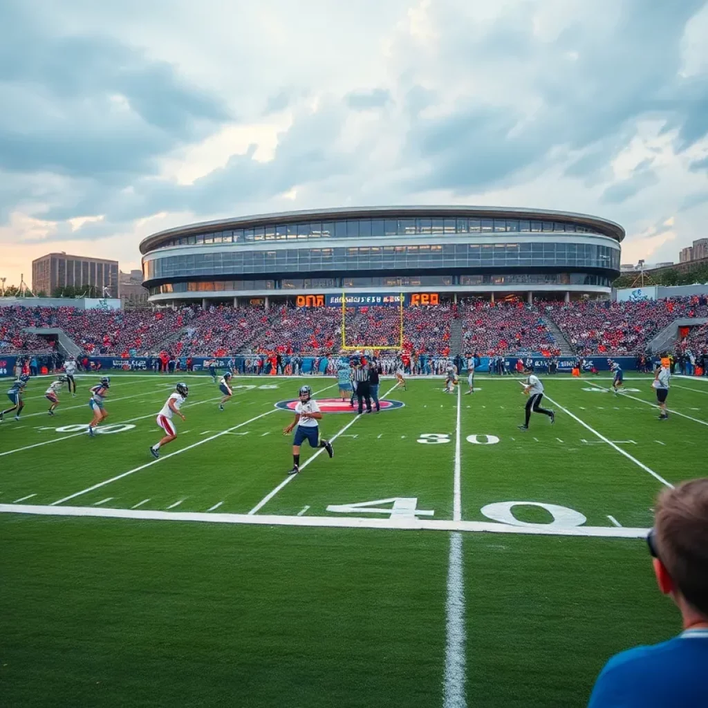 A lively high school football game in Atlanta with fans cheering.