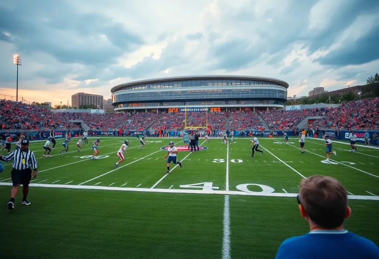A lively high school football game in Atlanta with fans cheering.