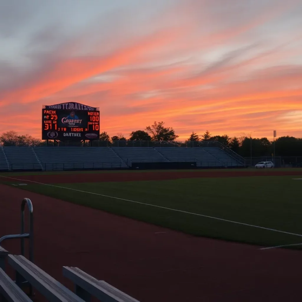 Empty baseball field with scoreboard at sunset