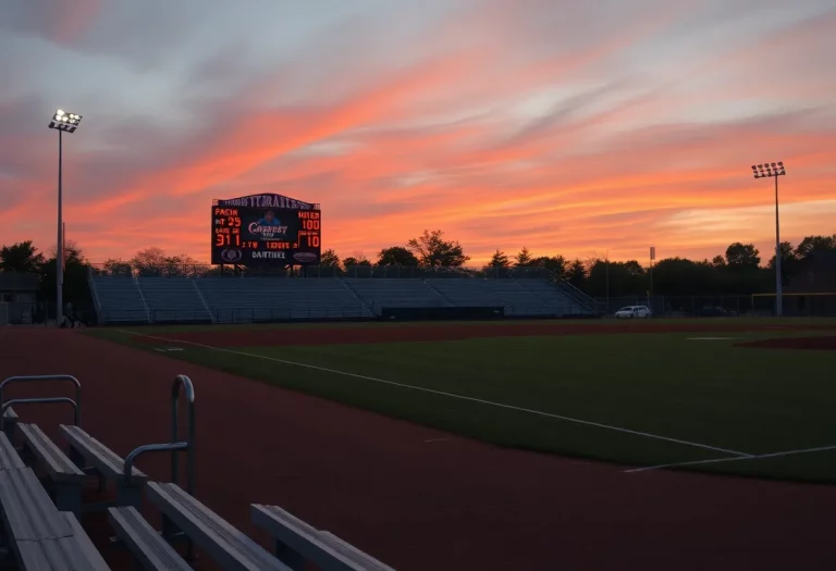 Empty baseball field with scoreboard at sunset