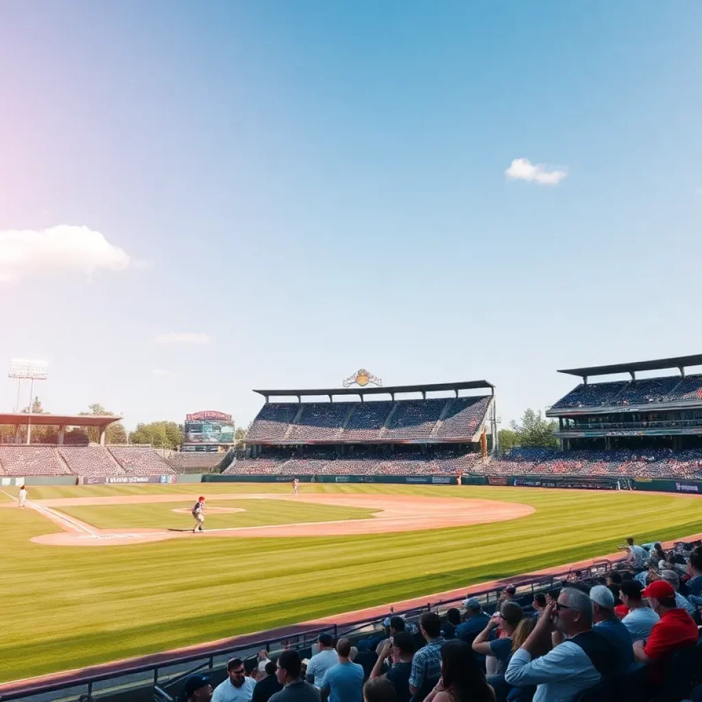 Baseball players practicing on a field with cheering fans in the background.