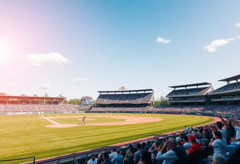 Baseball players practicing on a field with cheering fans in the background.