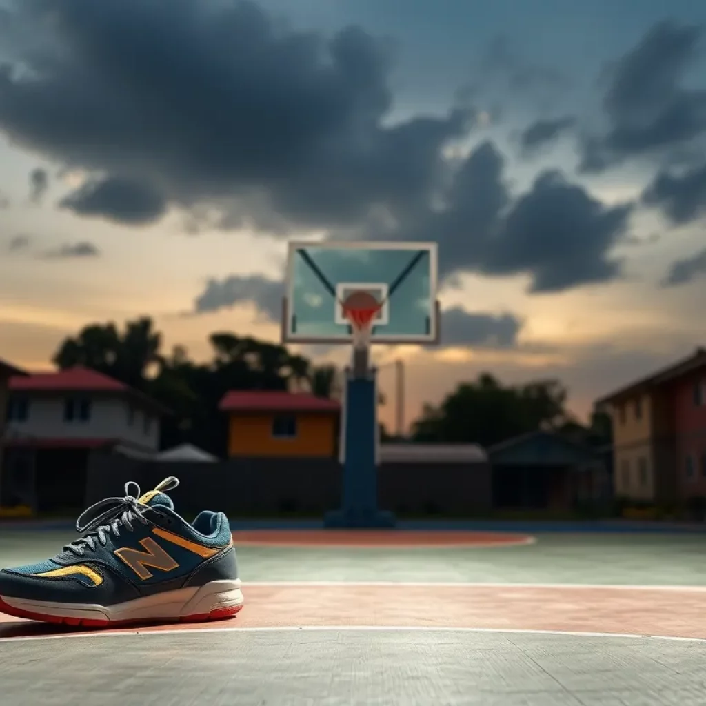 Basketball court with sneakers and a basketball under a spotlight