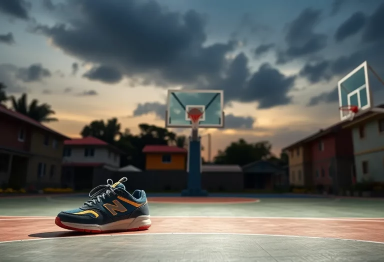 Basketball court with sneakers and a basketball under a spotlight