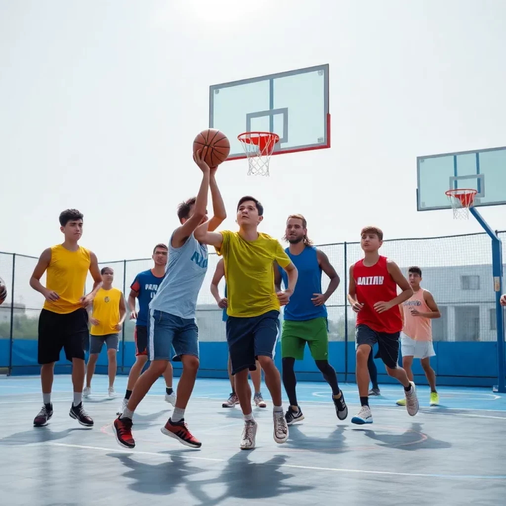 Young basketball players practicing teamwork on the court