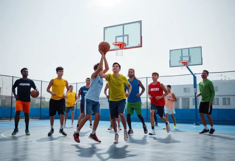 Young basketball players practicing teamwork on the court