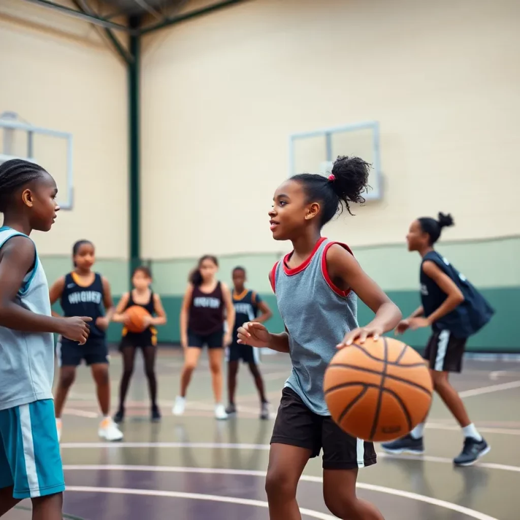 Girls basketball team practicing on the court