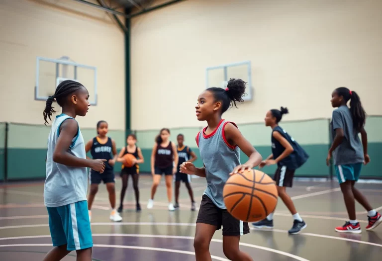 Girls basketball team practicing on the court