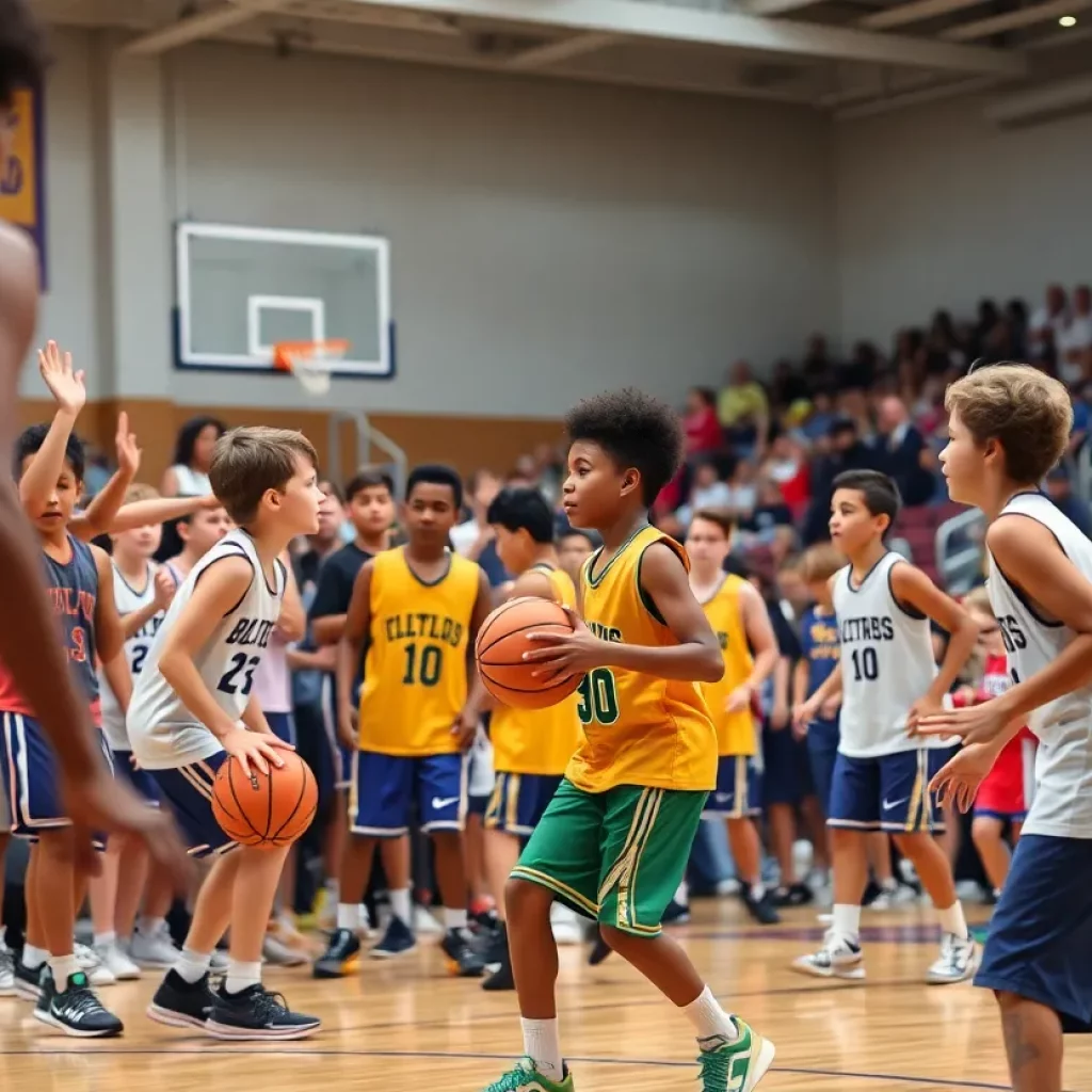 Young athletes competing in a summer high school basketball tournament