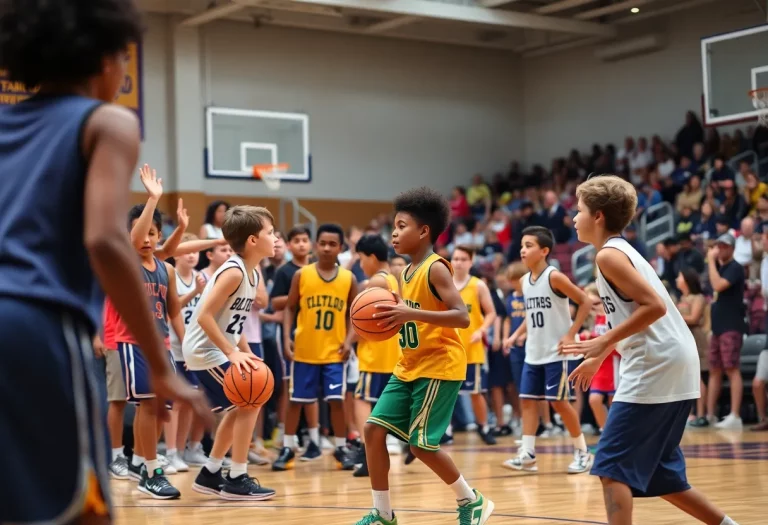 Young athletes competing in a summer high school basketball tournament