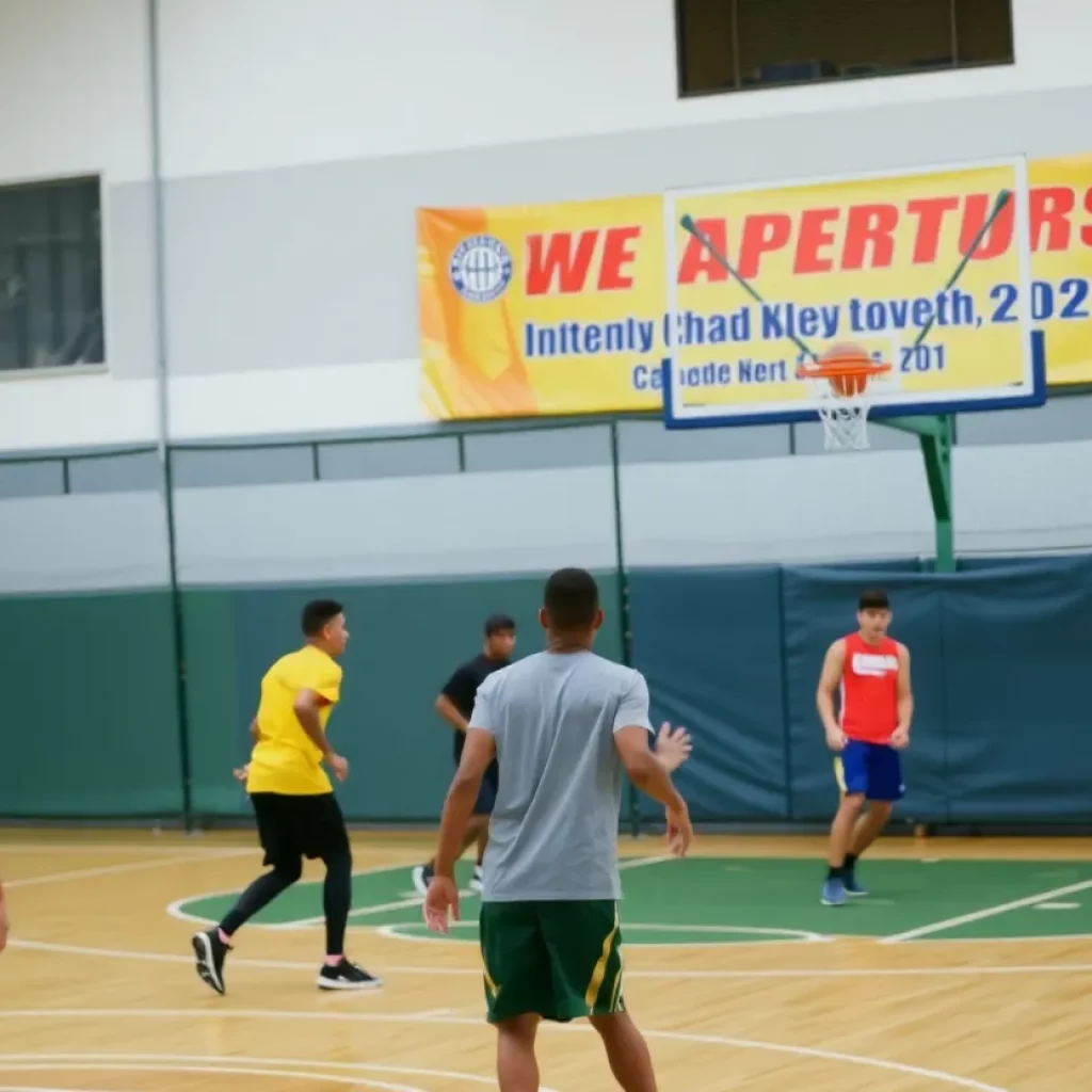 A basketball court with youth players practicing and a community banner.