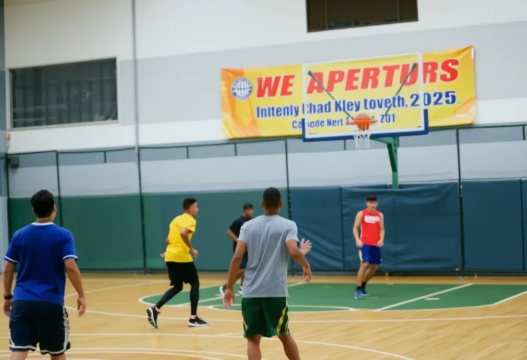 A basketball court with youth players practicing and a community banner.