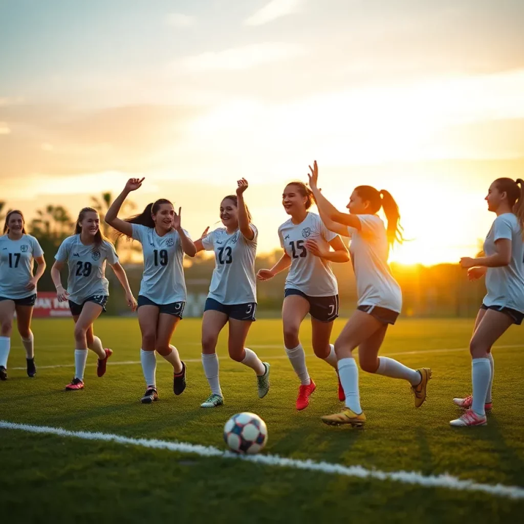High school girls soccer team celebrating on the field