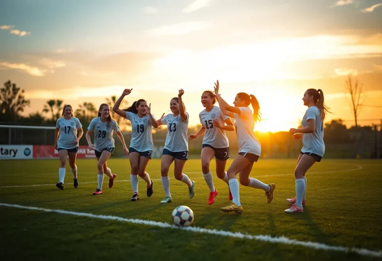 High school girls soccer team celebrating on the field