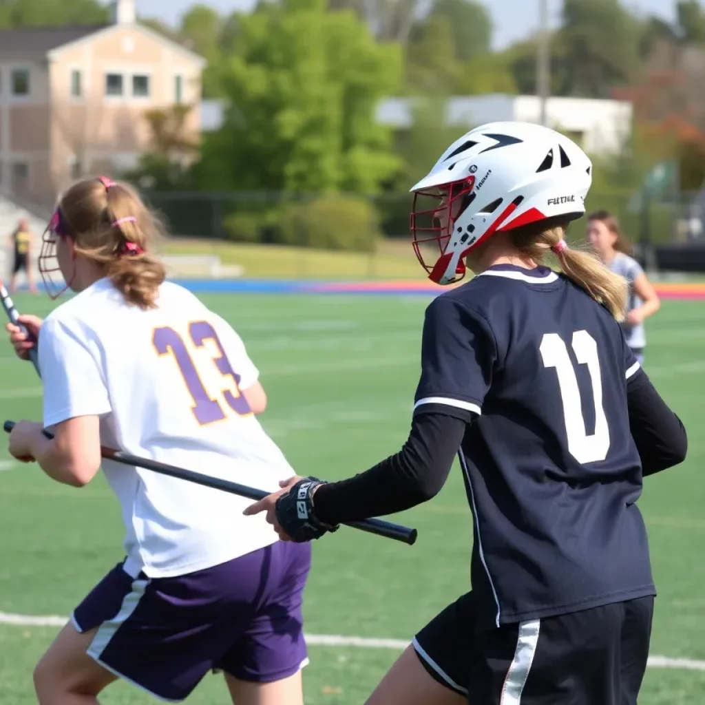 High school lacrosse players in action during a game
