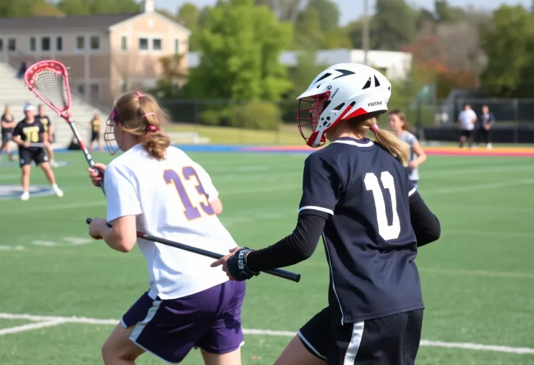 High school lacrosse players in action during a game