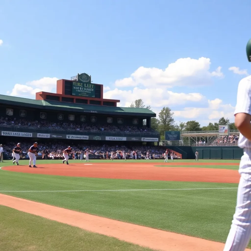 A college baseball team playing on the field under clear blue skies.