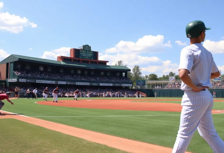 A college baseball team playing on the field under clear blue skies.