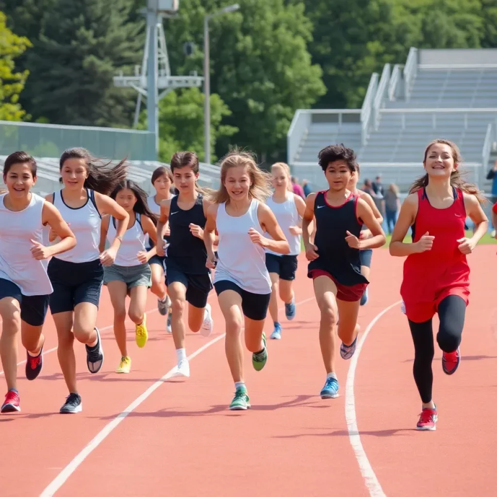 Athletes running at the track, representing high school sports achievement.