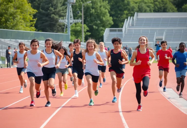 Athletes running at the track, representing high school sports achievement.