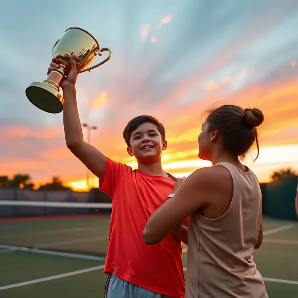 Young tennis player celebrating victory on the court