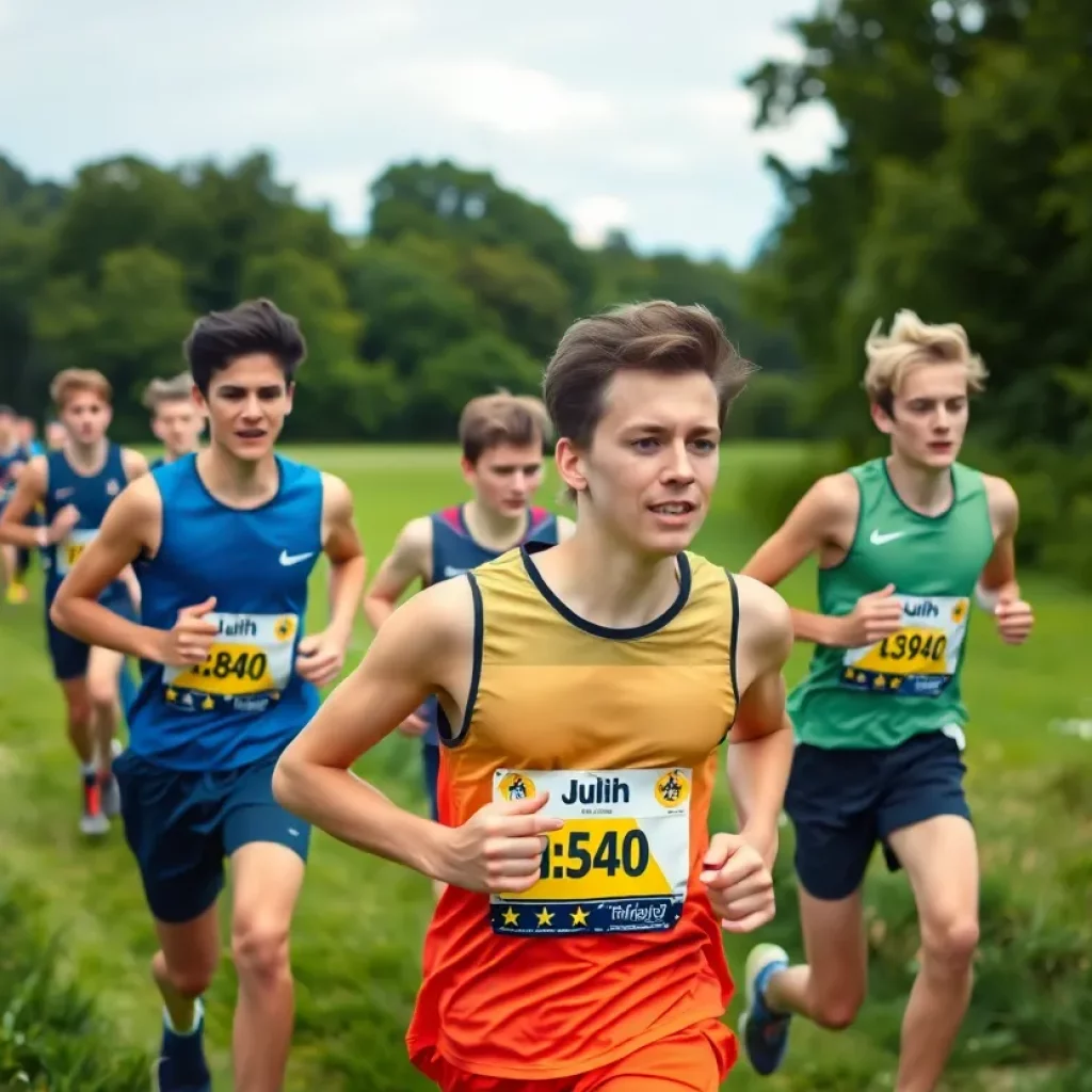 2024 Boys Cross Country athletes racing through a scenic trail