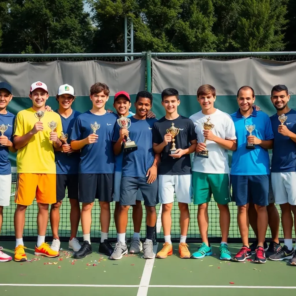 Boys tennis players celebrating their state championship victory