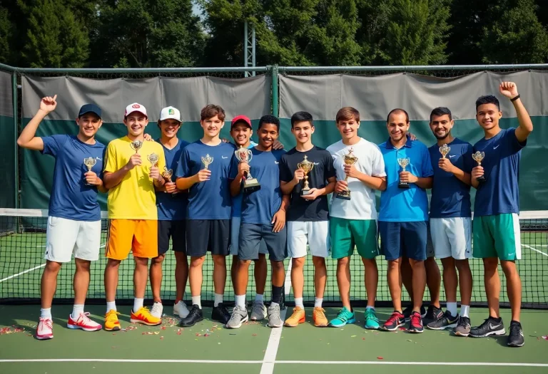 Boys tennis players celebrating their state championship victory