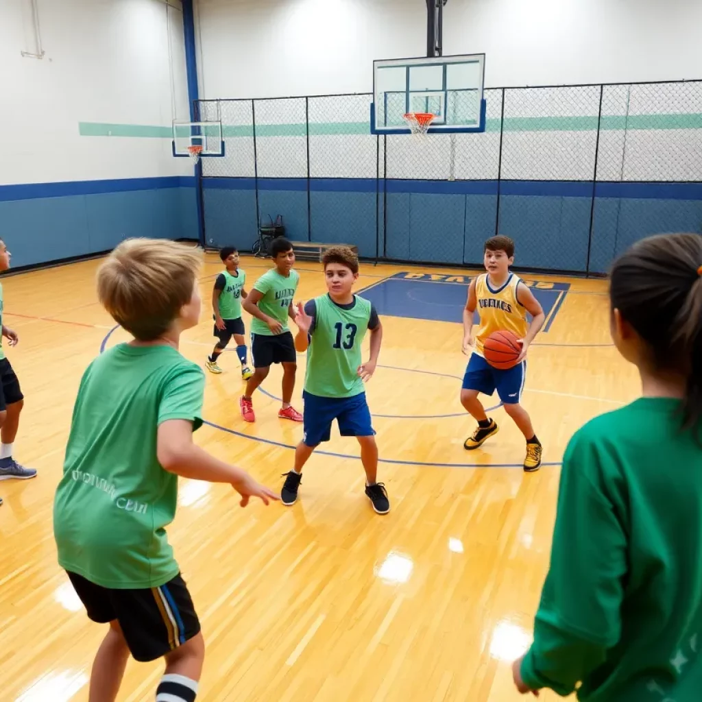 High school basketball players practicing teamwork on court