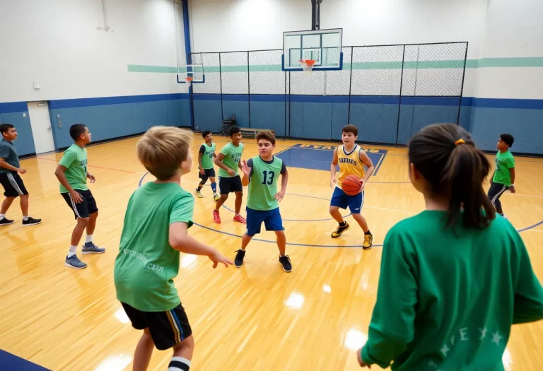 High school basketball players practicing teamwork on court