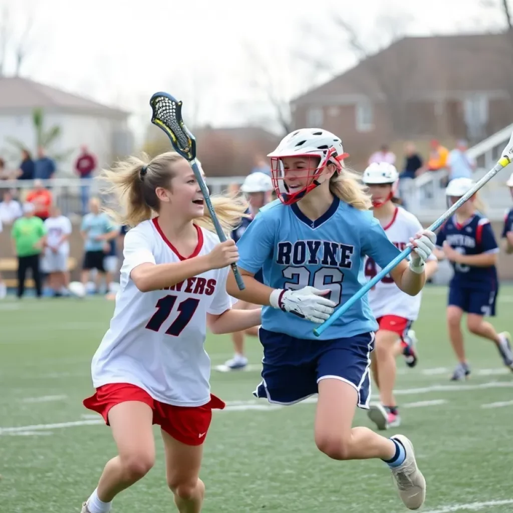 High school lacrosse players in action during a game