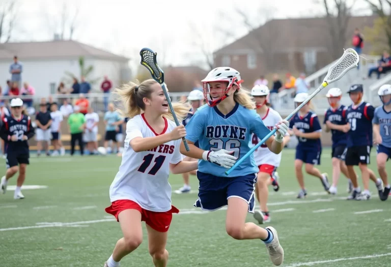 High school lacrosse players in action during a game
