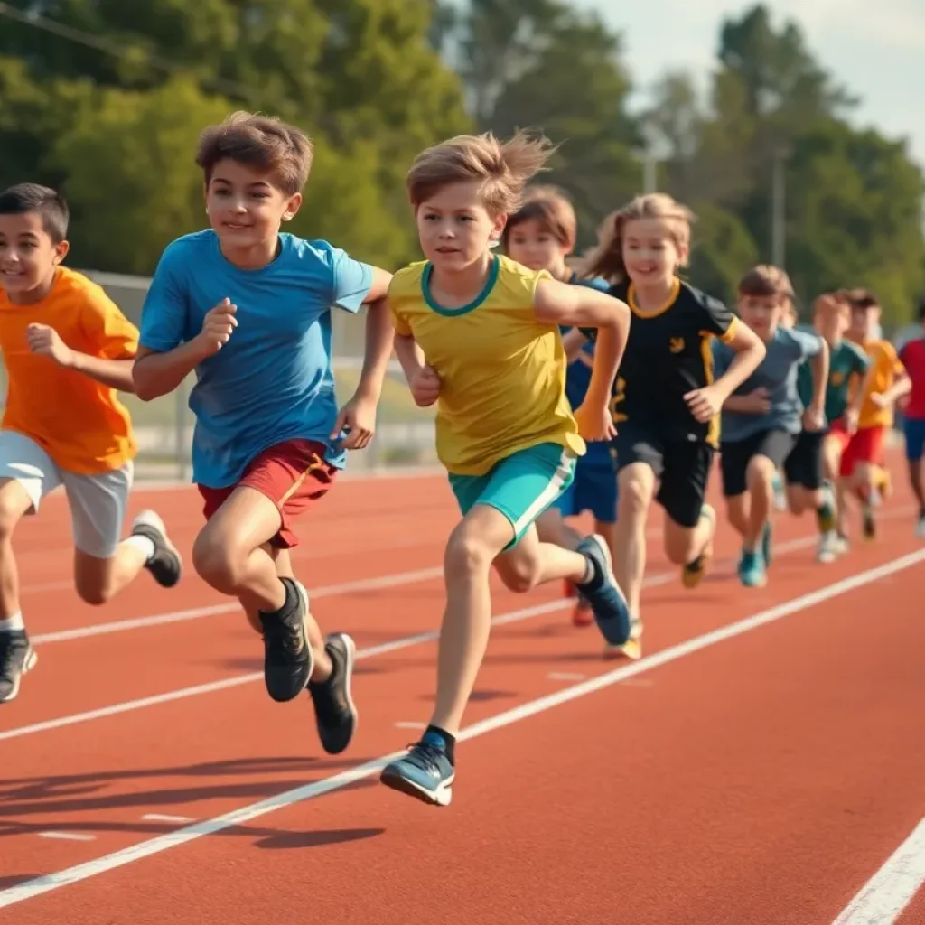 Young athletes competing in a sprint race at track nationals.