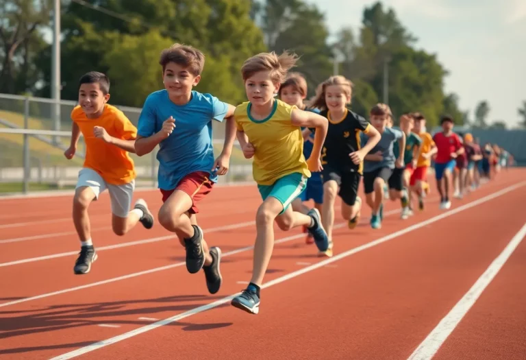Young athletes competing in a sprint race at track nationals.