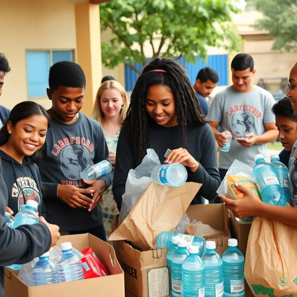 Bridgeport football team members distributing supplies for flood relief