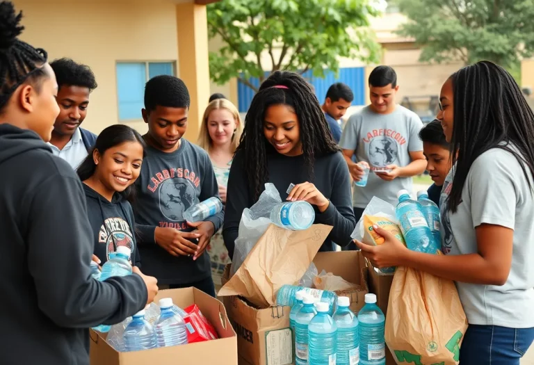 Bridgeport football team members distributing supplies for flood relief