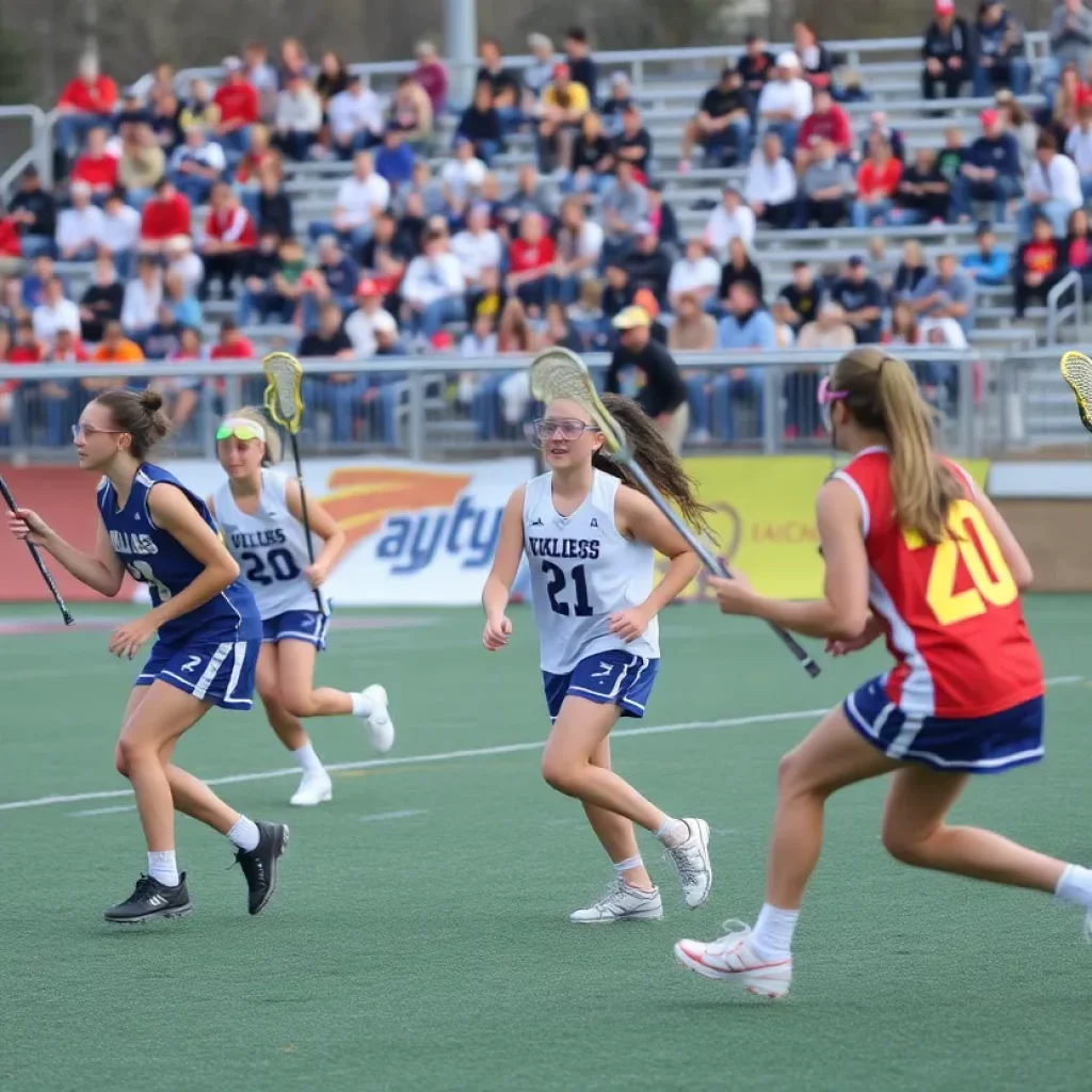 A high school lacrosse game in action with players competing and fans cheering in the background.