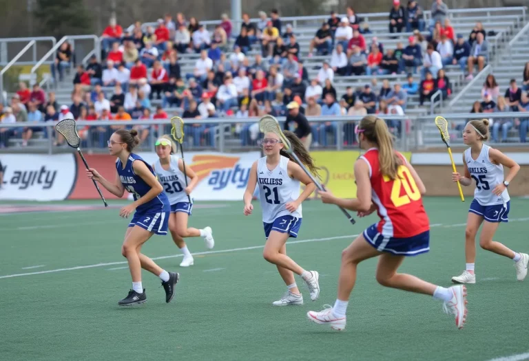 A high school lacrosse game in action with players competing and fans cheering in the background.