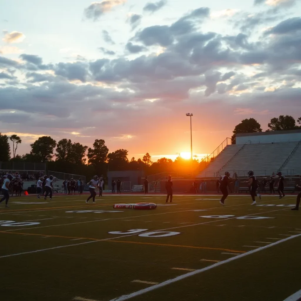 Football players practicing on a high school field during sunset