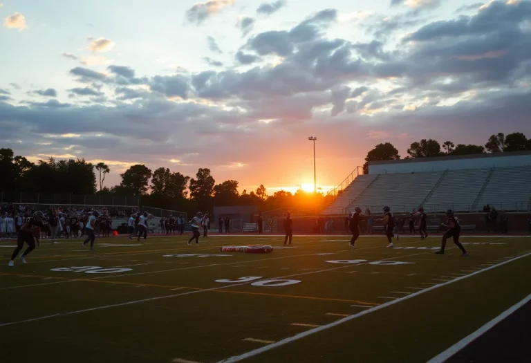 Football players practicing on a high school field during sunset