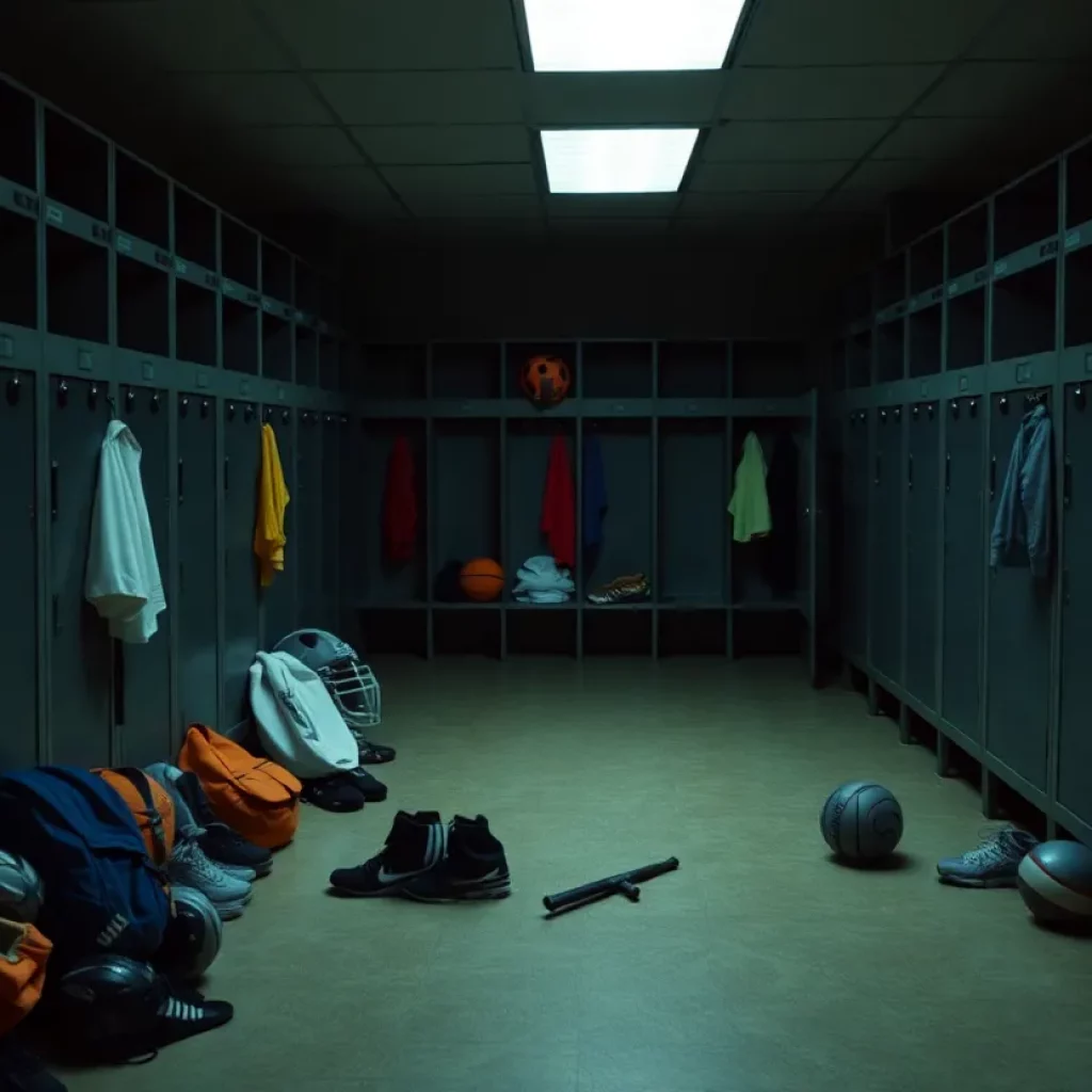 Dark school locker room with sports equipment