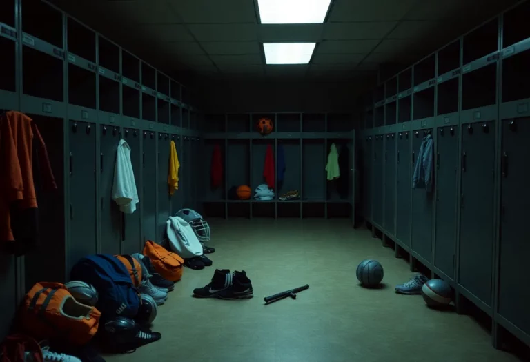 Dark school locker room with sports equipment