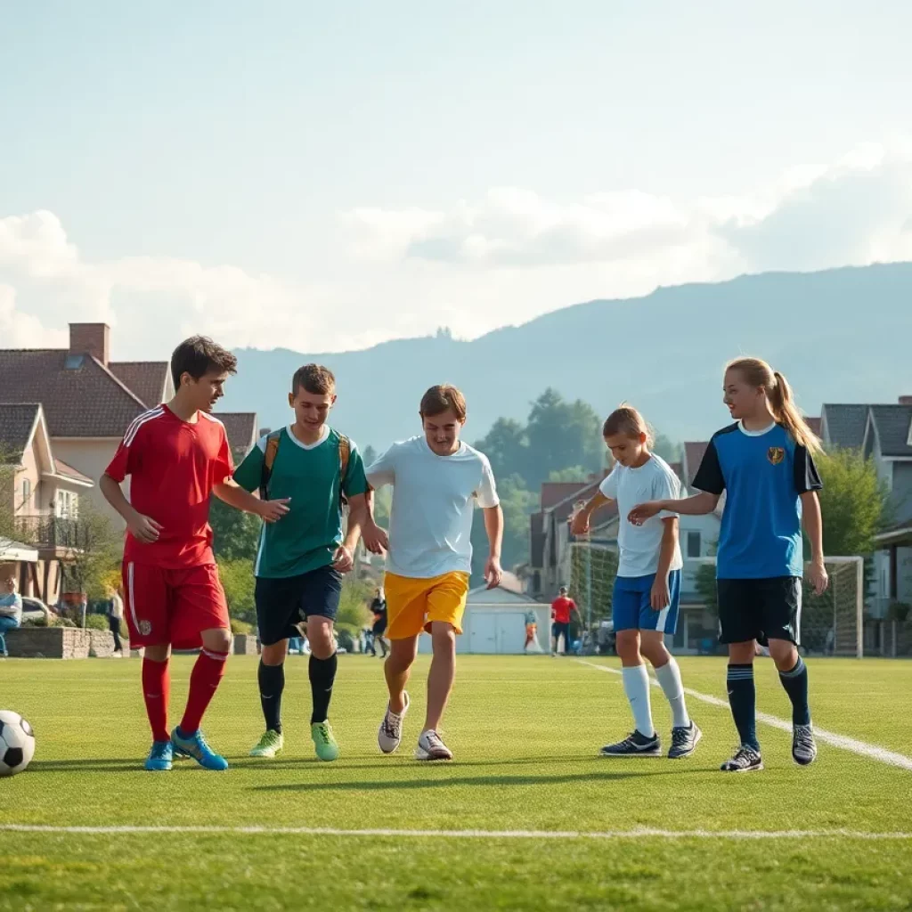Young high school soccer players displaying teamwork and support during recovery.