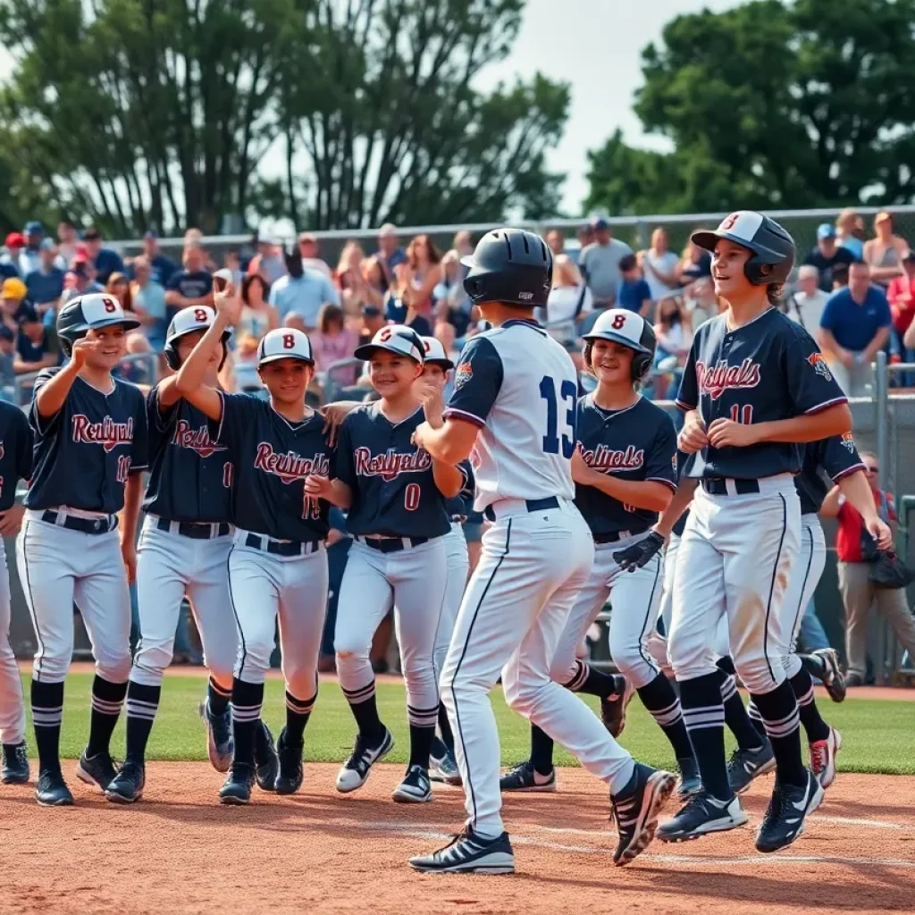 Young baseball players celebrating a victory on the field