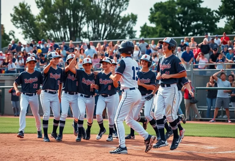 Young baseball players celebrating a victory on the field