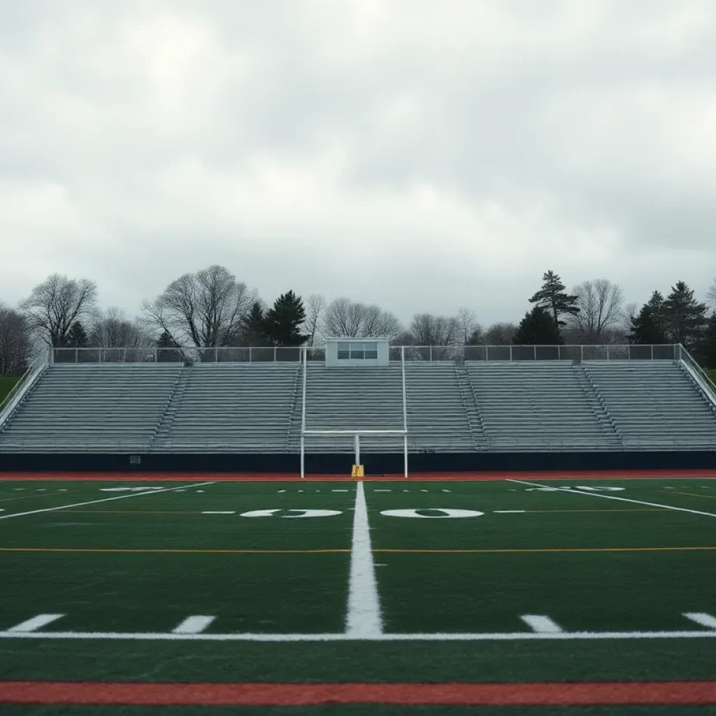 Empty Caldwell football field under a gloomy sky